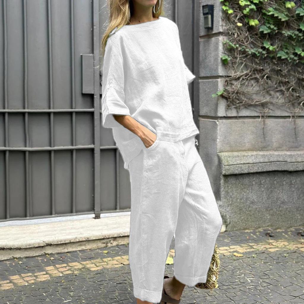 Весна/Лето Свободный хлопковый льняной жакет с высокой талией и брюки спортивный костюм для отдыха