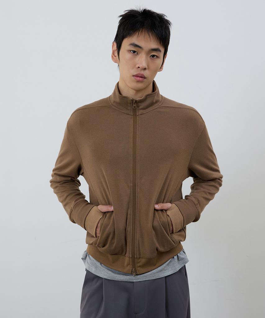 MICHIKO LONDON SPORTS Soft Jersey Layered High-Neck Zip-Up Khaki Brown