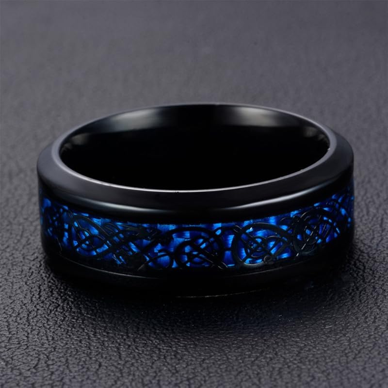 OAKKY mens stainless steel Black Blue Carbon Fiber Inlay Dragon Pattern Wedding Band ring size 19