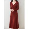 Solid Color V-neck Medium and Long Knitted Dress for Women's Autumn and Winter New Temperament Slim and Thin Over the Knee Primer Sweater Skirt