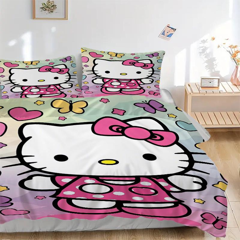 3 шт. Постельное белье Hello Kitty и Бабочка, Включает 1 пододеяльник и 2 наволочки, Без наполнителя, Мягкое и удобное для домашней спальни W033