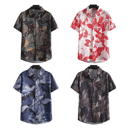 Summer Men Shirt Floral Print Short Sleeves Tropical Style Hawaii Loose Plus Size Single-breasted Turn-down Collar Quick Dry Mid Length Beach Top