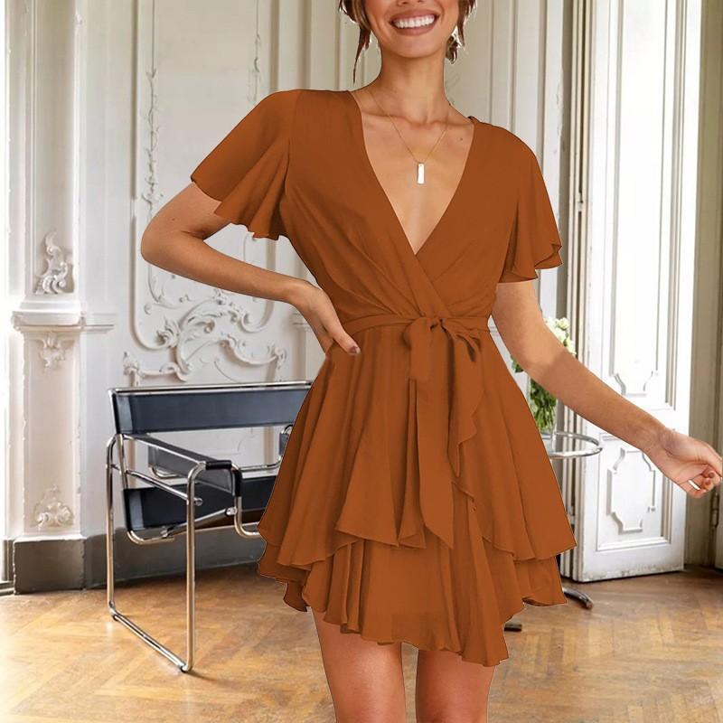 Летнее женское платье, однотонная юбка нерегулярной формы, темпераментное элегантное платье с v-образным вырезом и короткими рукавами