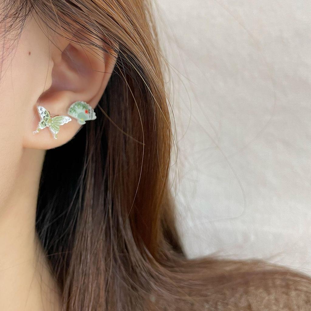 Элегантный комплект серег в китайском стиле с бабочкой и веером и ландшафтным дизайном из смолы