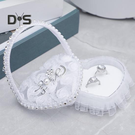 Rhinestone Decor Wedding Ring Pillow Rose Beautiful Wedding Elegant Lace Jewelry Case