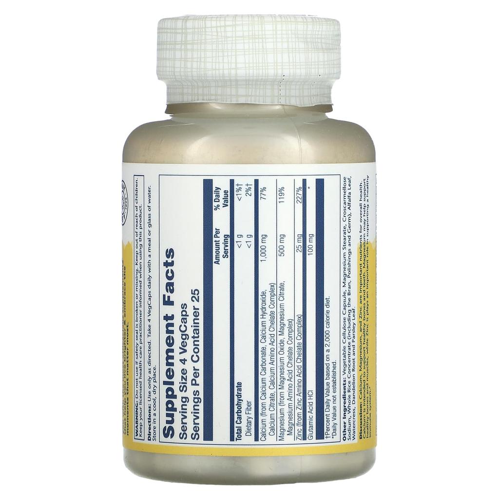 SOLARAY Calcium Magnesium Zinc, 100 Veggie Capsules