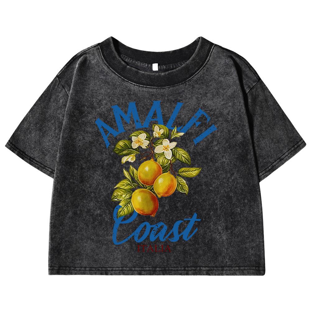 Amalfi Coast Lemon & Fruit Printing Women Washed Slim T Shirts Cotton Summer T-Shirt Retro Clothing Short Sleeve