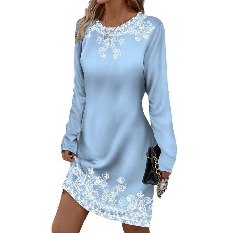 Весенне-летние женские платья с круглым вырезом и длинными рукавами, платье с цветочным принтом и растительным принтом