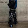 RogueWave High Street Gothic Embroidered Black Y2K High Waist Jeans American Retro Street Couple Casual Pants