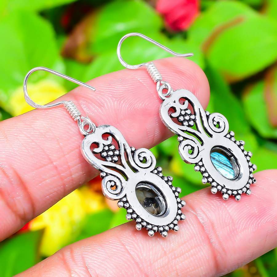 Серьги ручной работы из стерлингового серебра 925 пробы с натуральным лабрадоритом 1,77 дюйма s4J46