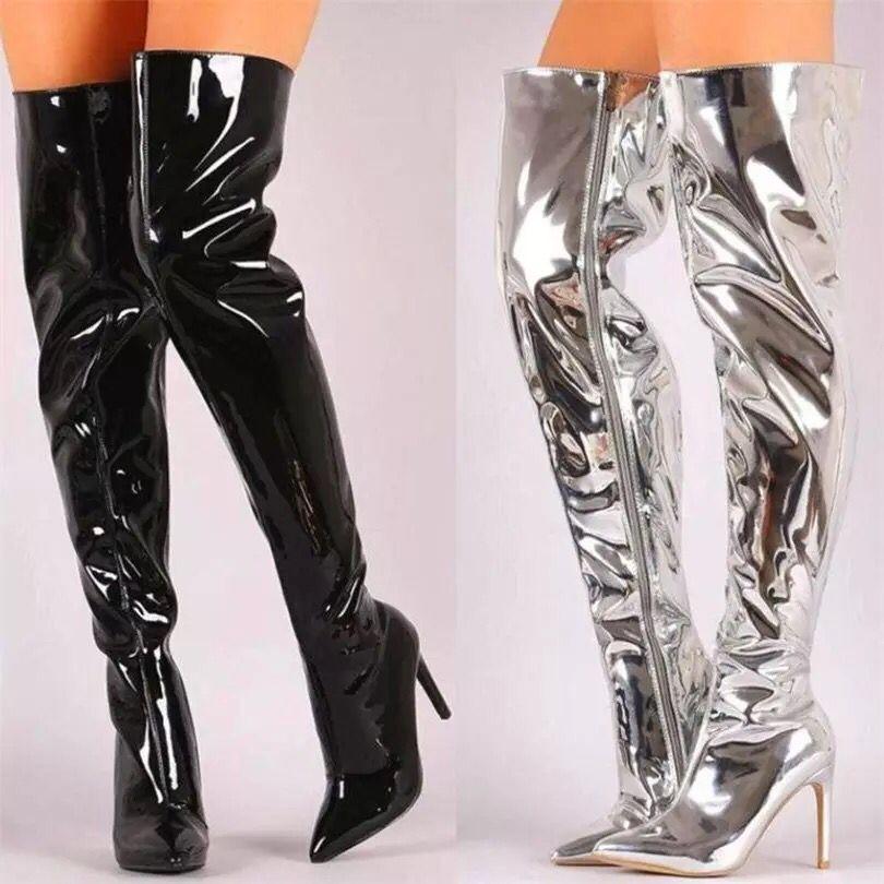 Large Size Bright Patent Leather Thin Heel Sexy Boots Nightclub Pole Dance Boots Super High Heel Side Zipper Over Knee Boots Pointed Boots