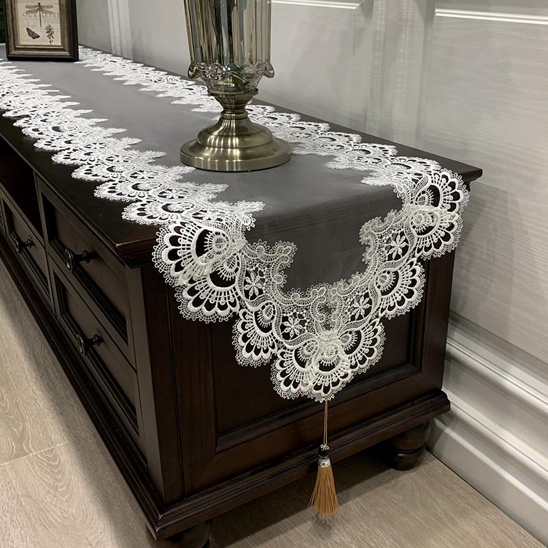 Oval Table Runner Embroidered Tea Table Europe Tv Cabinet Tablecloth Lace Pendant Tassel Dresser Table Flag Shoe Dust Cover