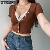 Y2K Lace Trim Cropped Tops Brown Cotton Button T-Shirt Short Sleeve V-Neck Retro Harajuku Basic Casual Cardiagn Women Tee