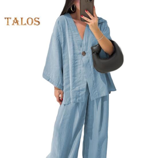 Женский комплект из двух частей из хлопка и льна, топ с длинным рукавом и V-образным вырезом на пуговицах, широкие брюки, повседневная домашняя одежда