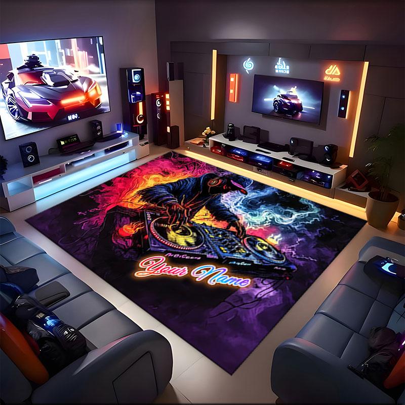 1PC Custom Name Energetic DJ Flames Theme Floor Mat Ideal for Living Room, Game Rooms, Office, Bedroom,Floor Mat Playful Design