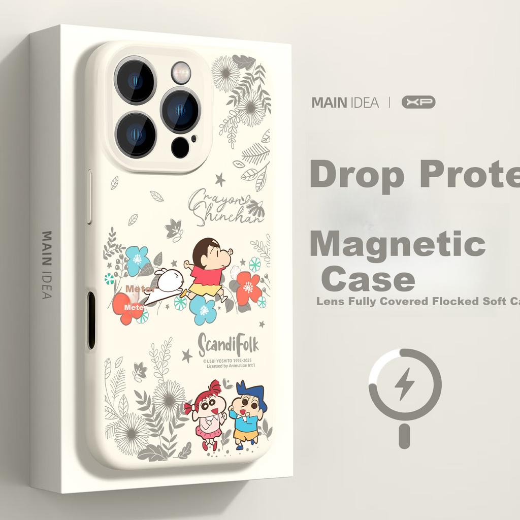 XP iPhone 15 Pro Full-Coverage Lens Case iPhone 15 Pro Magnetic Liquid Soft Silicone Crayon Shin-chan Case - Antique White Shin-chan Spring Outing