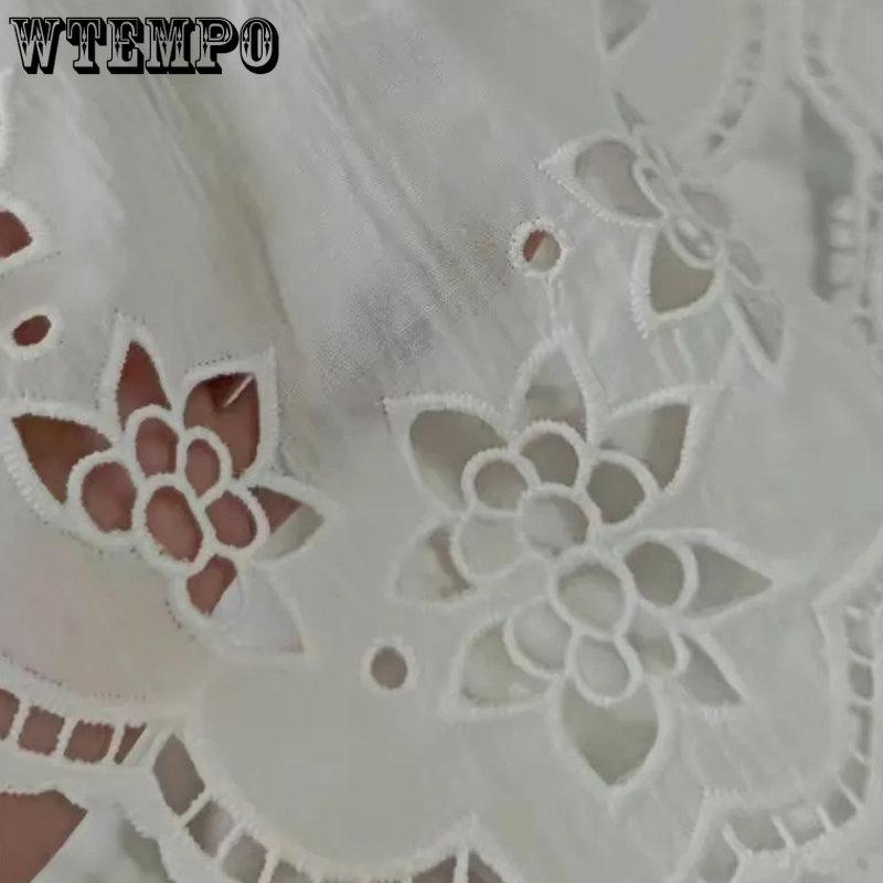 WTEMPO White Shirt Women Chic Hollow Out Peter Pan Collar Sweet T-Shirts Female Loose Y2K Korean Tops