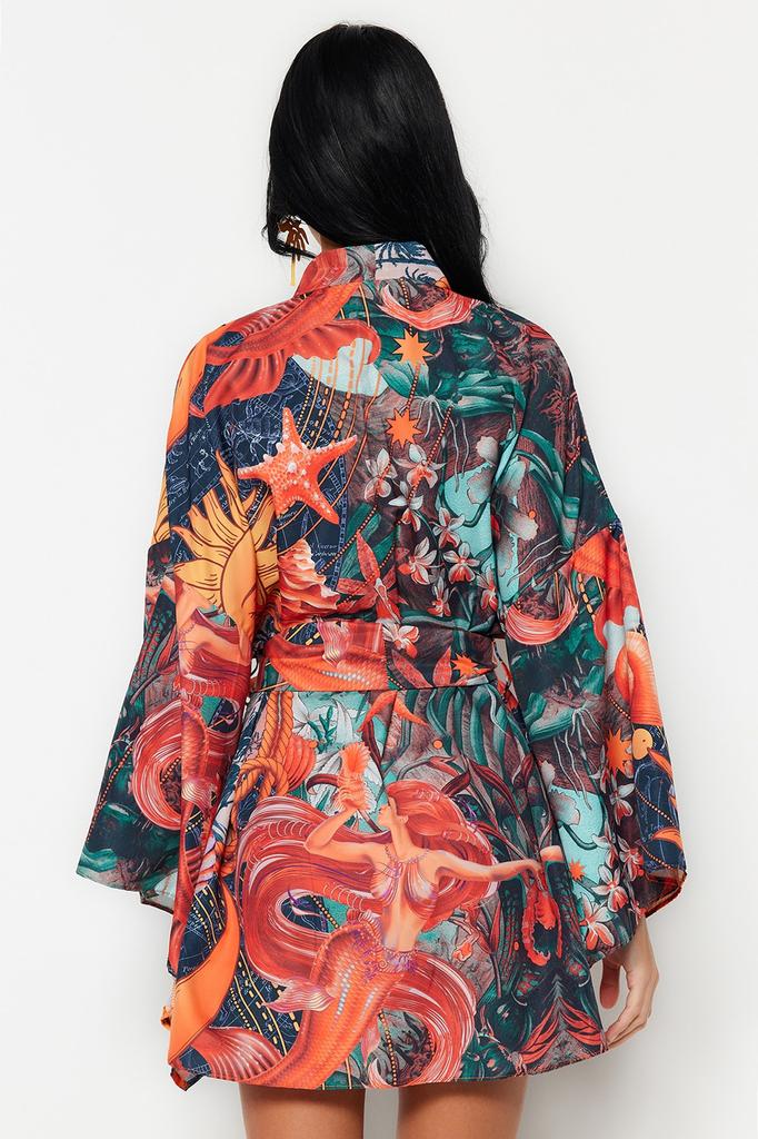 Women's Fashion New Kimono&Kaftan Floral Pattern Belted Mini Woven KimonoKaftan