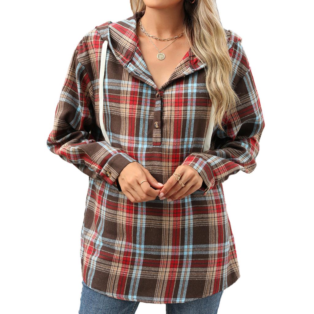 Women Loose Long Sleeve Hooded Button Plaid Pullover Sweatshirt