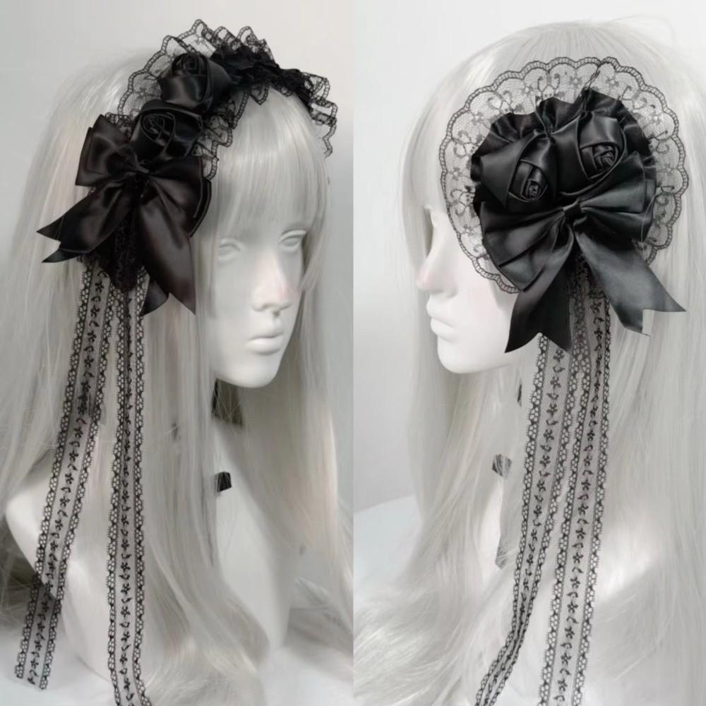 Black Lace Headbands Satin Bow Cosplay Hair Clips Retro Rose Hairpins Cosplay Party