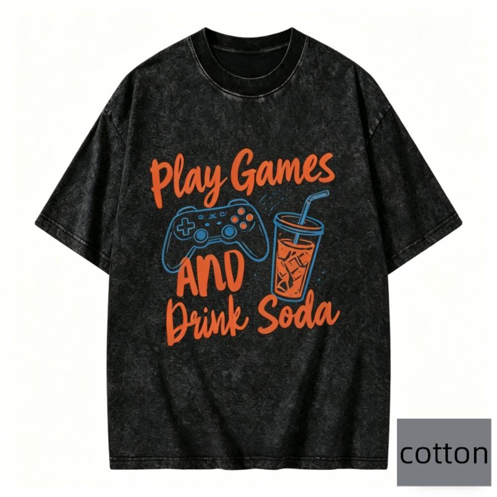 Vintage Washed Short-sleeved T-shirt Men Women Play Games Drink Soda Graphic Tee Oversized Streetwear Y2K Top Unsex