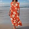 Women's Vintage Print Tunic Waisted Midi Dress Summer Casual 3/4 Sleeve Dress Dress