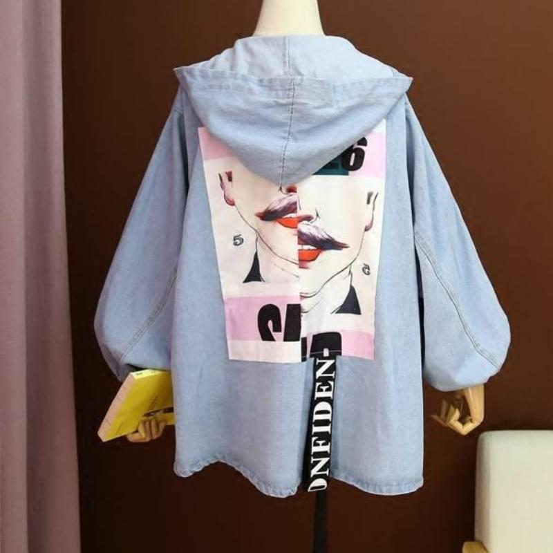 Casual Denim Jacket Women Trendy Print Coat Korean Style Loose Hooded Tops Retro Chic Short Clown Print Jackets Womens Clothing