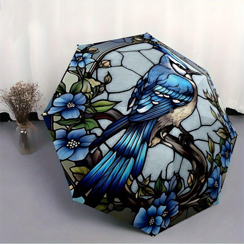 1pc Stained Glass Bird Compact Travel Umbrella, Automatic Folding Lightweight Windproof 8-Bone Reinforced Design,012119