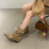 Внутренние увеличивающие рост замшевые остроносые ботильоны на шнуровке женские 2025 осень и зима новая корейская версия ковбойских ботинок западного стиля рукав модные ботинки