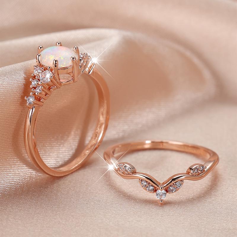 Vintage White Fire Opal Rings Set for Women Luxury Rose Gold Color Engagement Finger Rings Wedding Jewelry