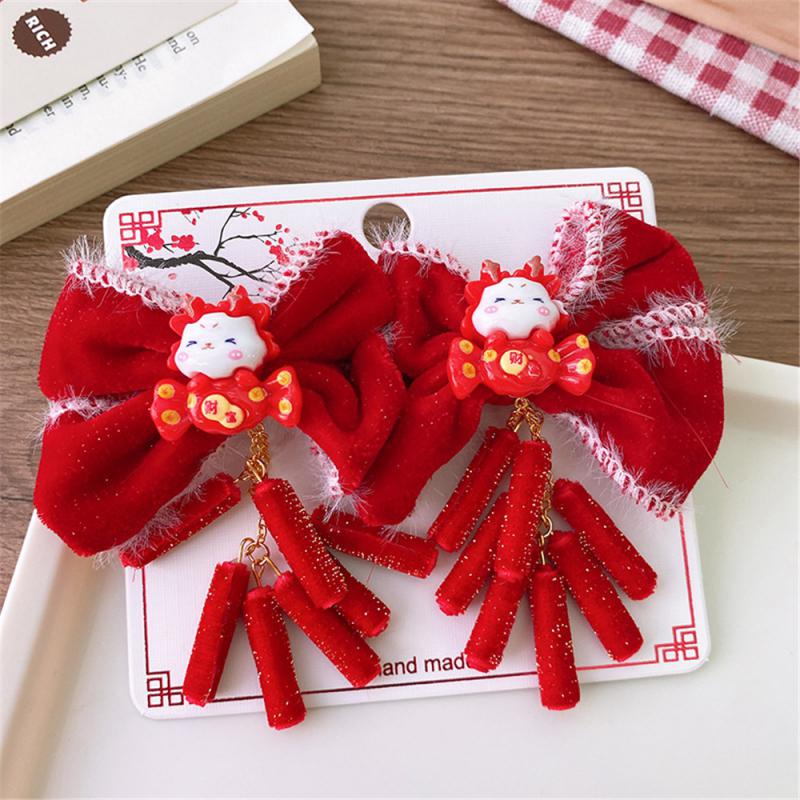 Детские новогодние заколки для волос в китайском стиле, милые плюшевые банты, кисточки, украшения, заколки, шпильки, аксессуары для волос в стиле ханьфу для девочек