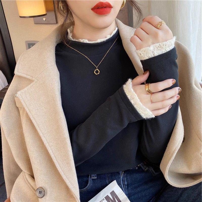 Кружевной бархатный топ с высоким воротником для женщин - Элегантный, теплый и утолщенный для осени/зимы