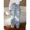 Women Cutout Diamonds Crystal Hollow Out Straight Denim Pants Fall Multi Pocket High Waist Wide Leg Jeans Trousers