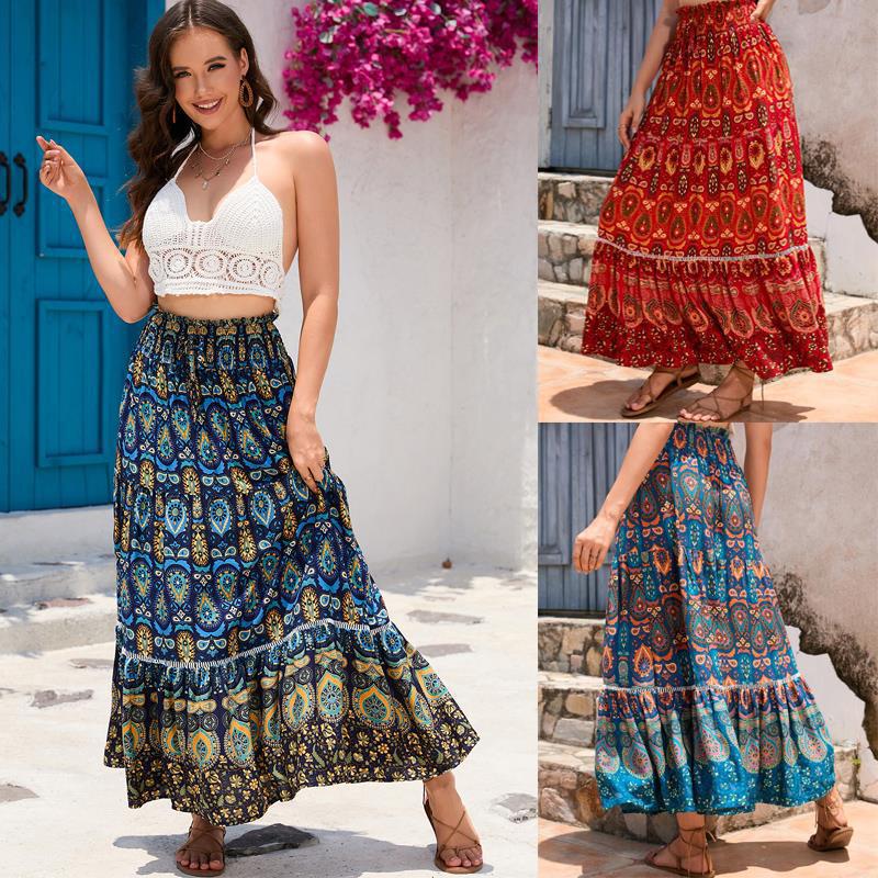 Women's Elastic Waist Maxi Skirt Loose Fit Boho Printed Long Skirt Tiered RAYON 100% Beach Vacation Flowy Midi Skirt