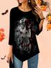 Women's Loose Round Neck Three Quarter Sleeve Tee 3D Halloween Pattern Ideal Halloween and Christmas Gift