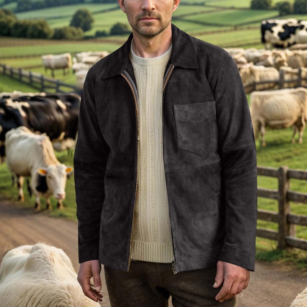 Мужская однотонная замшевая повседневная приталенная куртка с карманами, лацканами и молнией