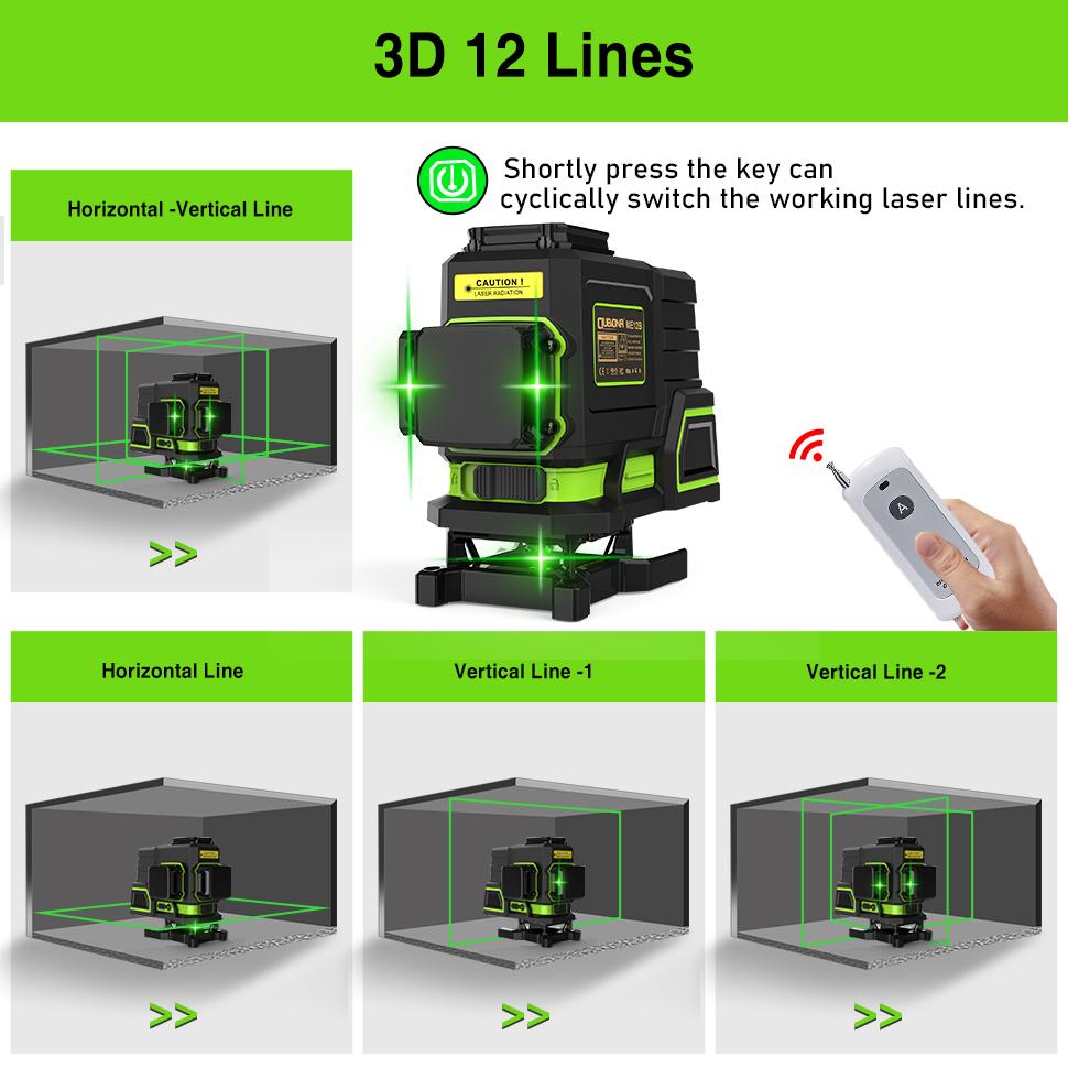 3D 12 Lines Multi-functiona Professional Green Laser Level with Remote Control and Rechargeable Battery