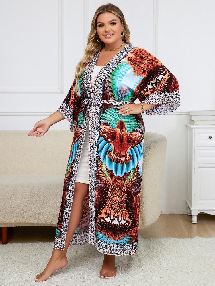 EDOLYNSA Коричневое непринужденное кимоно-кардиган с принтом, женское пляжное накидка для пляжного отдыха, купальный костюм для вечеринки в стиле бохо, универсальная уютная легкая куртка Туника Q1512