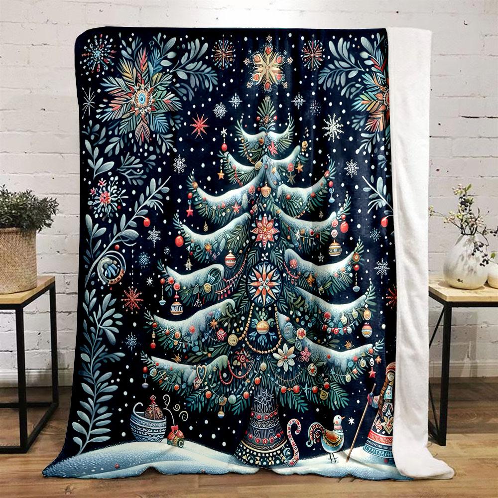Snowy Christmas Tree with Ornaments Patterned flannel blanket perfect for the bedroom living room, sofa, or a little nap