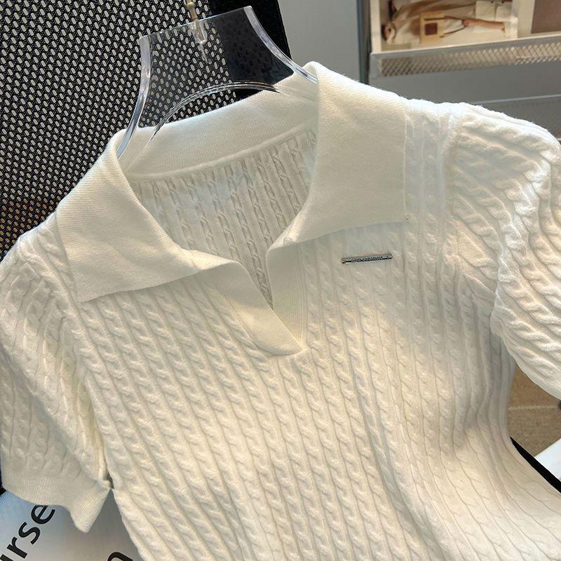 Temperament Lapel Ice Silk Knit Top Летняя свободная тонкая футболка с короткими рукавами
