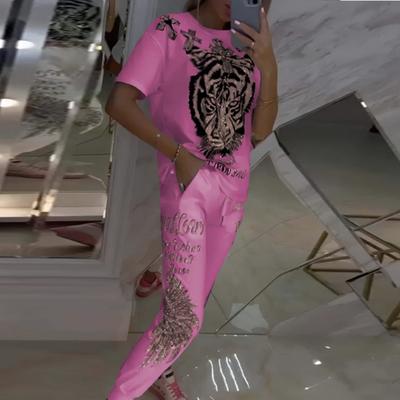 2 шт./компл., женская футболка, брюки, комплект с тигровым принтом, круглым вырезом, короткими рукавами, топ с эластичной резинкой на талии, повседневная повседневная одежда, наряд