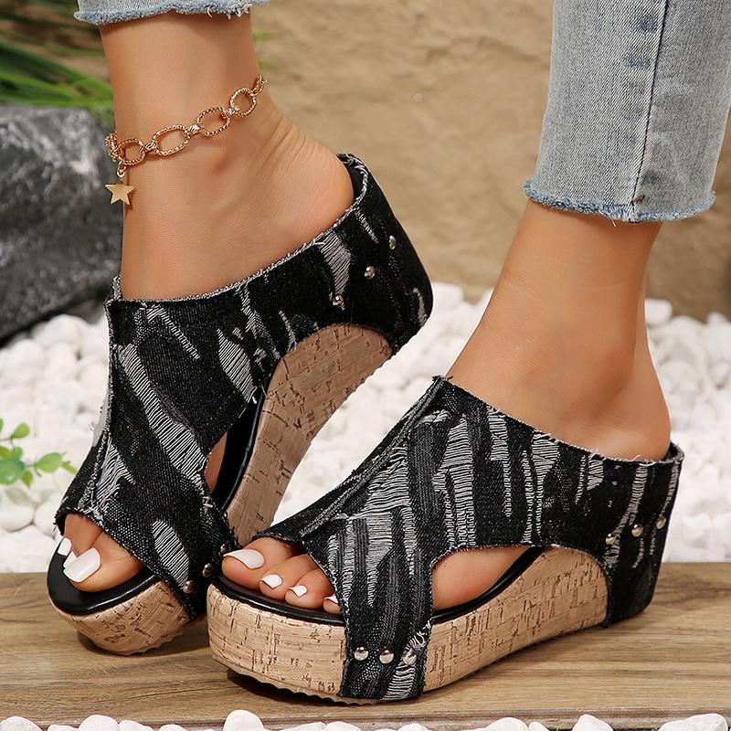 Women's Fashion Denim Wedge Heel Sandals Peep Toe Chunky Platform Sandals for Woman Summer 2025 Thick Bottom Non Slip Slippers