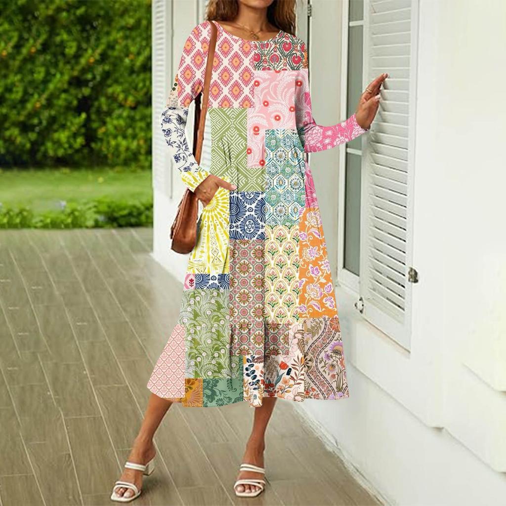 Women's Printed Casual Dress Spring Autumn Pocket Round Neck Long Sleeve Dresses