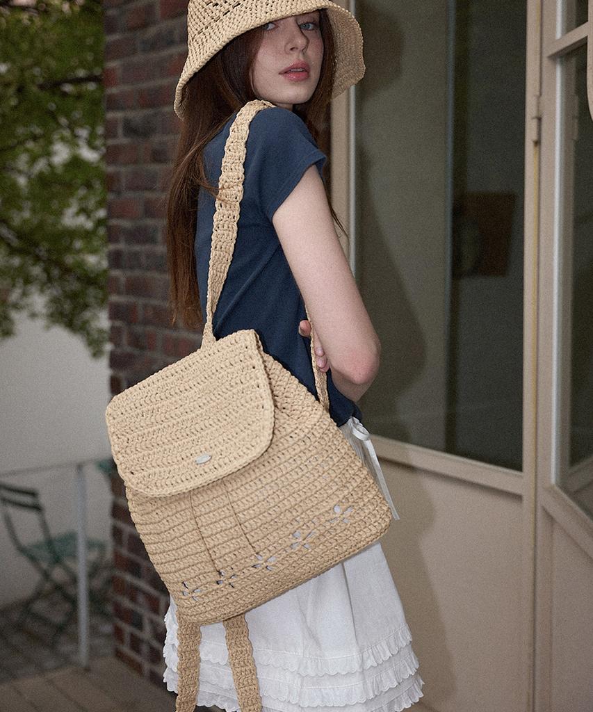 Slowslowly Lily Handmade Crochet Raffia Backpack (+Gift Heart Keyring Included) _ Natural Beige