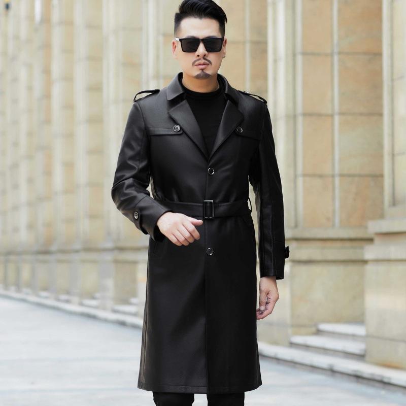 Осенняя длинная кожаная ветровка мужская дубленка пальто длиной до колена деловое повседневное пальто для людей среднего возраста с воротником кожаное пальто