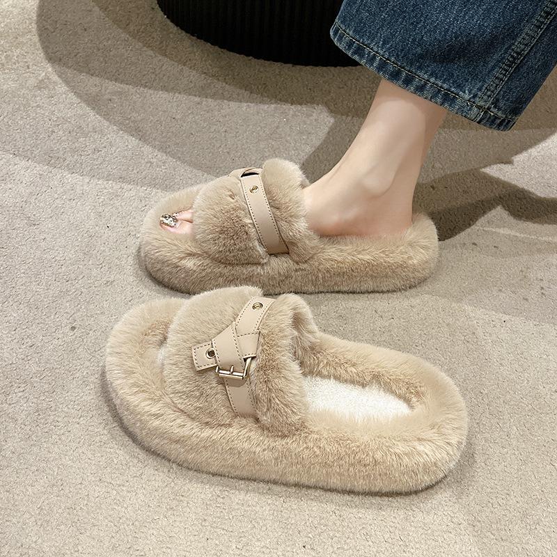 Fashion 2024 Autumn-winter Fluffy Slippers Women Wear Indoor Home Belt Buckle Thick Bottom Plush Cotton Drag Woman