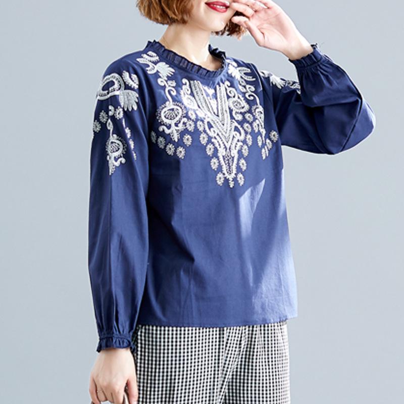 Женская повседневная блузка с длинным рукавом и оборками, вышитыми цветами, рукавом «летучая мышь» с круглым вырезом, женские хлопковые топы