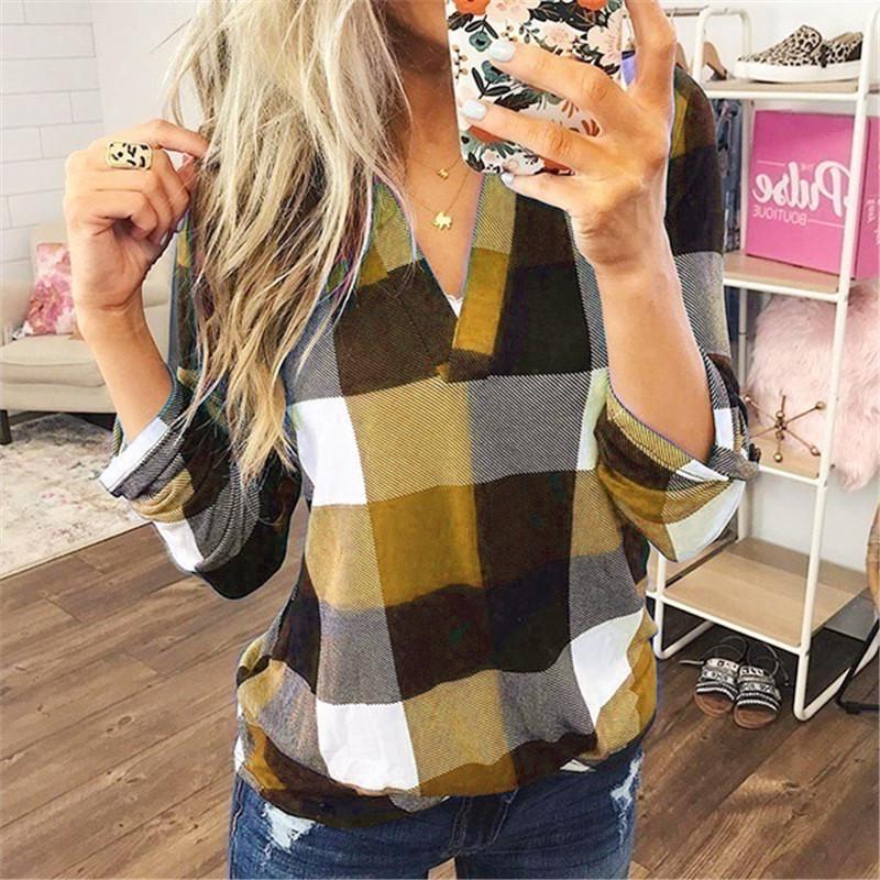 Women's Spring Autumn Shirt Checkered Printed V-neck Long Sleeved Top Blouses