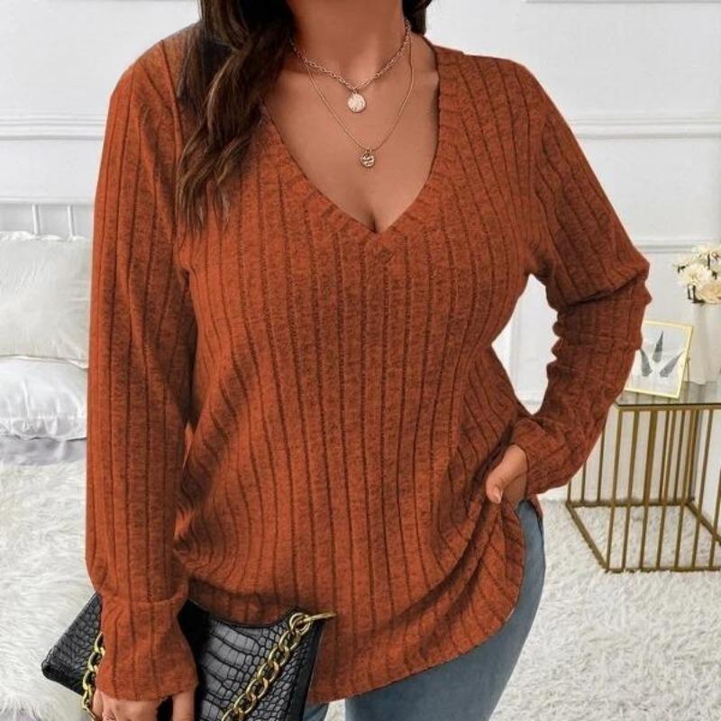 Женская одежда больших размеров с длинным рукавом, повседневная мода, V-образный вырез, полосатые трикотажные топы, весенние женские однотонные свободные футболки 5XL