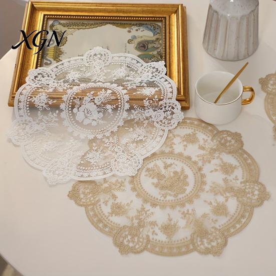 Elegant Lace Doily for Tea Party Retro Round Doily, Embroidered Floral Coaster, 13 Inch Table Decor Sheer Placemat Wedding, Vintage Style